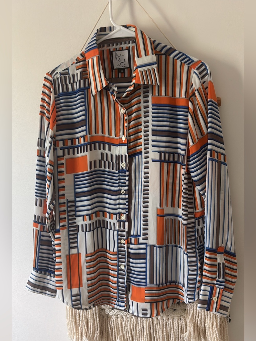 The Shirt by Rochelle Behrens Button Down Shirt Blouse Orange Blue Striped Print